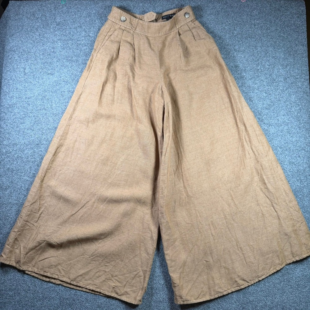Banana Republic Wide Leg Pants Womens 2P Tan Linen Pleated High Rise Trousers